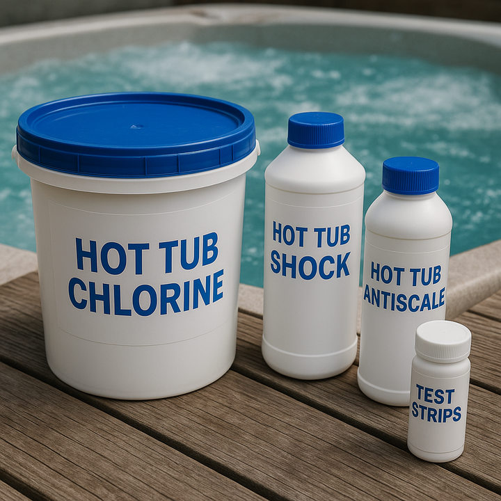 Hot tub maintenance products including a bucket labeled 'Hot Tub Chlorine', bottles labeled 'Hot Tub Shock' and 'Hot Tub Antiscal', and a bottle labeled 'Test Strips' by a hot tub.